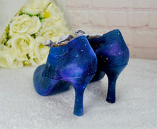 Load image into Gallery viewer, Hand-Painted Celestial Wedding Shoes – Blue Galaxy Lace-Up Heels

