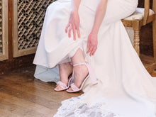 Load image into Gallery viewer, Blush Pink Bridal Sandals – Handmade Satin Shoes with 3D Floral Block Heels Size UK5/IS7.5

