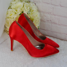 Load image into Gallery viewer, Black Satin Pointed Toe Stiletto Court Shoes: Custom Colours
