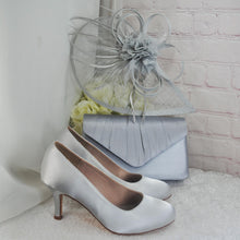 Load image into Gallery viewer, Silver Grey Fascinator and Clutch Bag Set: Handmade Satin Bridal Hatinator
