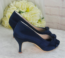 Load image into Gallery viewer, Navy Blue Satin Peep Toe Wedding Heels: Custom Bridesmaid Shoes UK8/US10.5
