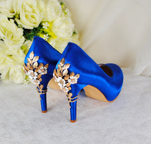 Load image into Gallery viewer, Royal Blue Wedding Heels – Handmade Bridal Satin Shoes with Cherry Blossom Details • Size UK6/US8.5
