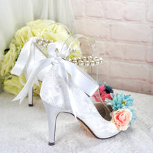 Load image into Gallery viewer, Bridal Lace Heels – White Lace Bridal Shoes with Pearl Strap &amp; Floral Details • UK5/US7.5

