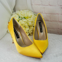 Load image into Gallery viewer, Yellow Satin Wedding Heels: Cherry Blossom Bridal Shoes UK6/US8.5
