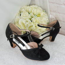 Load image into Gallery viewer, Black Lace Wedding Sandals – Handmade Bridal Block Heels with Adjustable Ankle Strap Size UK5/US7.5
