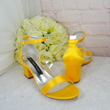 Load image into Gallery viewer, Yellow Block Heel Sandals: Satin Bridal Bridesmaid Shoes
