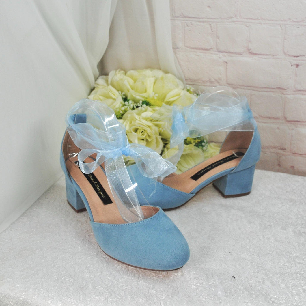 Blue Suede Low Heel Bridal Sandals, Wedding Shoes with Ankle Strap, Bridal Shoes with Block Heel