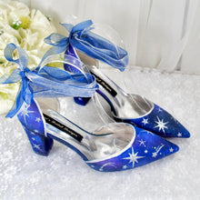 Load image into Gallery viewer, Blue Celestial Wedding Shoes – Galaxy Block Heels with Ankle Ribbons
