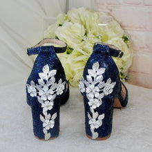 Load image into Gallery viewer, Navy Blue Glitter Bridal Sandals: Cherry Blossom Block Heel Wedding Shoes
