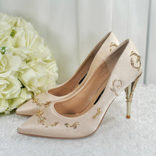 Load image into Gallery viewer, Champagne Satin Bridal Shoes: Gold Filigree Vine Wedding Heels
