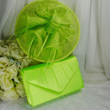 Load image into Gallery viewer, Bright Lime Green Satin Clutch Bag and Fascinator Set, Handmade Bridal Hatinator
