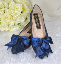 Load image into Gallery viewer, Navy Blue Bridal Flats – Handmade Comfortable Satin Flats with Oversized Satin Bow UK9/US11

