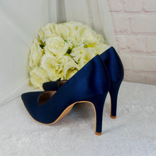 Load image into Gallery viewer, Navy Blue Satin Heel, Clutch &amp; Fascinator Set: Handmade Wedding Guest Outfit
