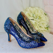 Load image into Gallery viewer, Navy Blue Satin Heels – Pointed Toe Stilettos with Lace and Crystal Embellishments UK4 / US6.5
