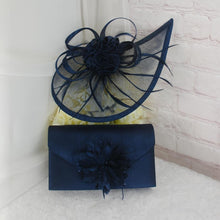 Load image into Gallery viewer, Navy Blue Satin Heel, Clutch &amp; Fascinator Set: Handmade Wedding Guest Outfit
