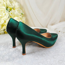 Load image into Gallery viewer, Emerald Green Satin Bridal Shoes: Mid Heel Custom Colour Bridesmaid Heels
