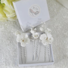 Load image into Gallery viewer, Handmade Gold or Silver Ceramic Flower Hair Pins with Pearls (Set of 3)
