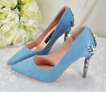 Load image into Gallery viewer, Handmade Blue Suede Heels: Silver Floral Bridal Pumps UK7/US9.5
