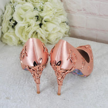 Load image into Gallery viewer, Blush Pink Satin Bridal Shoes with Rose Gold Filigree Vines
