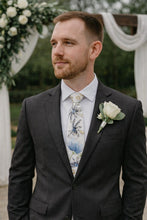 Load image into Gallery viewer, Blue Lotus Flower Embroidered Floral Tie: Handmade White Wedding Necktie
