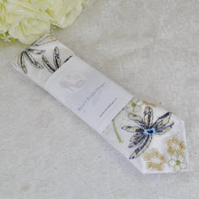 Load image into Gallery viewer, Blue Lotus Flower Embroidered Floral Tie: Handmade White Wedding Necktie

