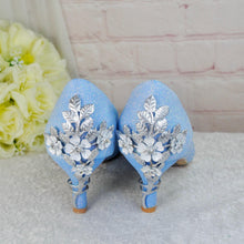 Load image into Gallery viewer, Blue Glitter Kitten Heel Bridal Shoes: Silver Cherry Blossom Wedding Heels (UK8/US10.5)

