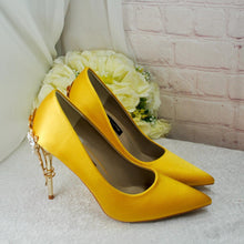 Load image into Gallery viewer, Yellow Satin Wedding Heels: Cherry Blossom Bridal Shoes UK6/US8.5
