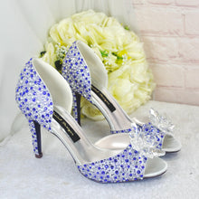 Load image into Gallery viewer, Lilac Crystal Bridal Shoes with Flower Detail | Custom Colour Peep Toe Heels
