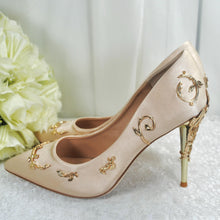 Load image into Gallery viewer, Champagne Satin Bridal Shoes: Gold Filigree Vine Wedding Heels
