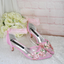 Load image into Gallery viewer, Pink Embroidered Heels, Flower Bridal Shoes, Kitten Heel Wedding Shoe - UK6/US8.5
