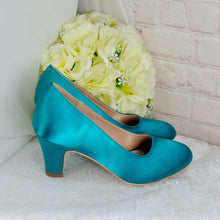 Load image into Gallery viewer, Teal Satin Bridal Shoes: Block Heel Comfortable Court Shoes • UK7/US9.5
