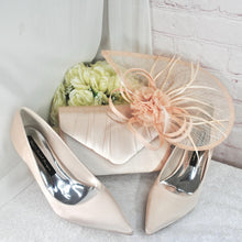 Load image into Gallery viewer, Champagne Satin Bridal Set: Handmade Heels, Clutch &amp; Fascinator
