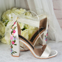 Load image into Gallery viewer, Ivory Satin Bridal Sandals: Floral Embroidery, Block Heel - UK6/US8.5
