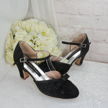 Load image into Gallery viewer, Black Lace Wedding Sandals – Handmade Bridal Block Heels with Adjustable Ankle Strap Size UK5/US7.5
