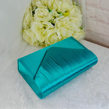 Load image into Gallery viewer, Teal Satin Bridal Set: Handmade Block Heels, Clutch, Fascinator
