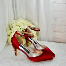 Load image into Gallery viewer, Burgundy Satin Bridal Shoes: Bridesmaid Floral Heel, Ankle Strap • Size UK6/US8.5
