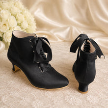 Load image into Gallery viewer, Satin Bridal Booties, Lace Up Luxury Wedding Ankle Boots, Handmade Block Heel Shoes
