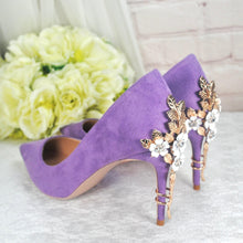 Load image into Gallery viewer, Lilac Suede Bridal Heels - Cherry Blossom Embellished Pumps UK6/US8.5
