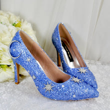 Load image into Gallery viewer, Light Blue Celestial Wedding Shoes – Glitter Moon &amp; Star Heels
