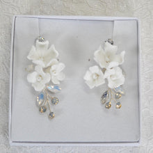 Load image into Gallery viewer, Statement Bridal Earrings, Floral Drop Wedding Jewelery, Swarovski Crystal Porcelain White Flower
