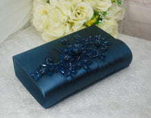 Load image into Gallery viewer, Navy Blue Satin Clutch Bag &amp; Fascinator Matching Set | Bridal Wedding Guest Hat and Bag
