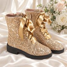 Load image into Gallery viewer, Glitter Bridal Combat Boots – Alternative Flat Wedding Boots
