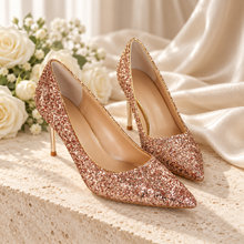 Load image into Gallery viewer, Glitter Bridal Heels with Metal Leaf Filigree – Custom Colours
