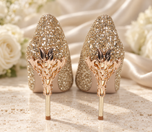 Load image into Gallery viewer, Glitter Bridal Heels with Metal Leaf Filigree – Custom Colours
