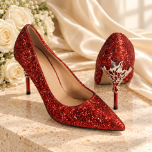 Load image into Gallery viewer, Glitter Bridal Heels with Metal Leaf Filigree – Custom Colours
