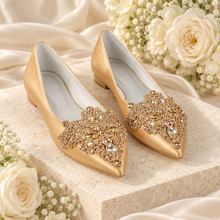 Load image into Gallery viewer, Gold Satin Pointed-Toe Bridal Flats with Rhinestone Appliqué

