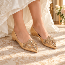 Load image into Gallery viewer, Gold Satin Pointed-Toe Bridal Flats with Rhinestone Appliqué
