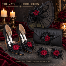 Load image into Gallery viewer, Gothic Black Satin Clutch Bag – Dark Red Velvet Rose Alternative Bridal Purse
