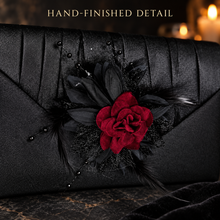 Load image into Gallery viewer, Gothic Black Satin Clutch Bag – Dark Red Velvet Rose Alternative Bridal Purse
