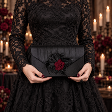 Load image into Gallery viewer, Gothic Black Satin Clutch Bag – Dark Red Velvet Rose Alternative Bridal Purse
